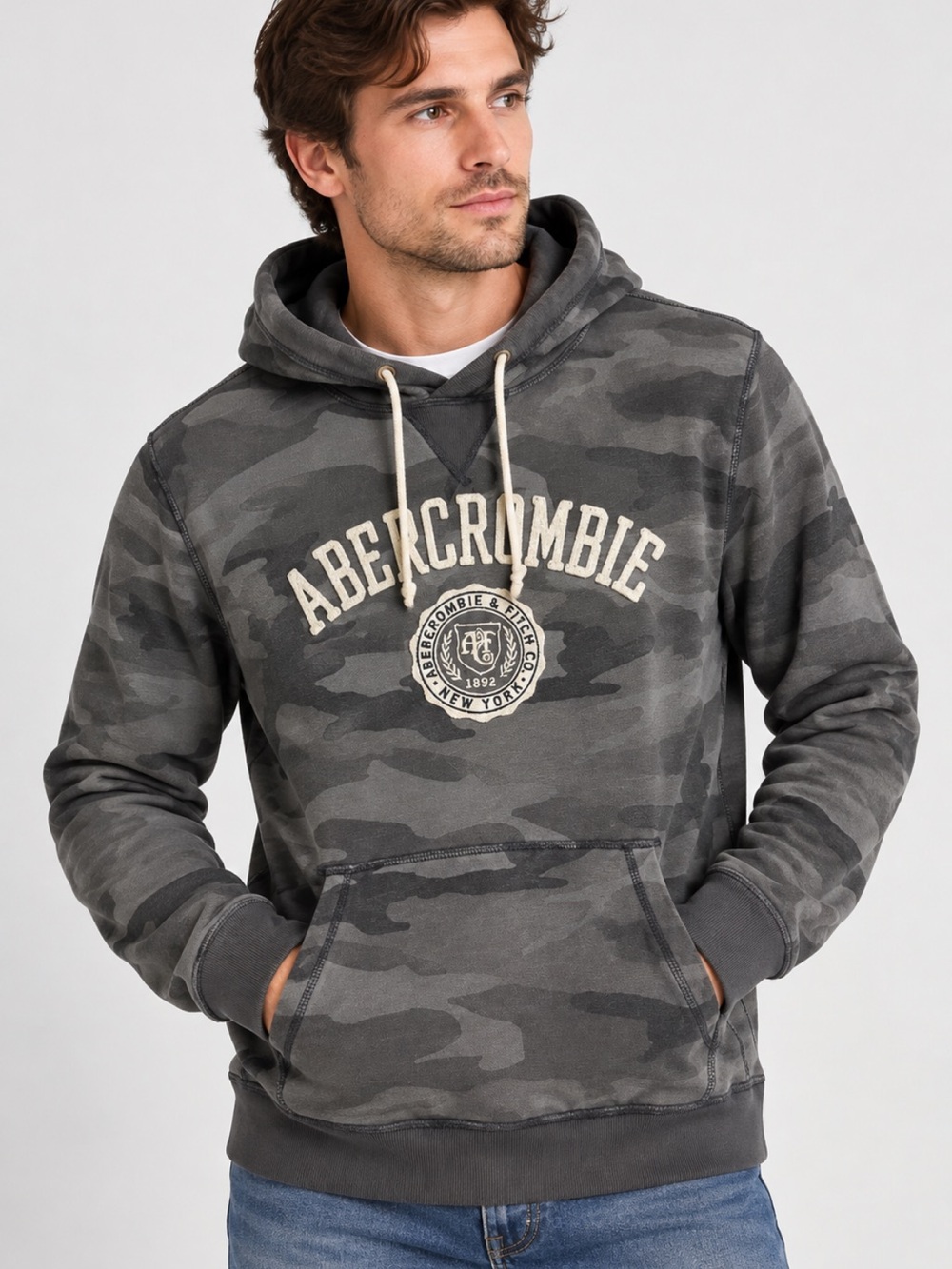 Abercrombie & Fitch Men’s L Camo Hoodie Gray Black Pullover Sweatshirt